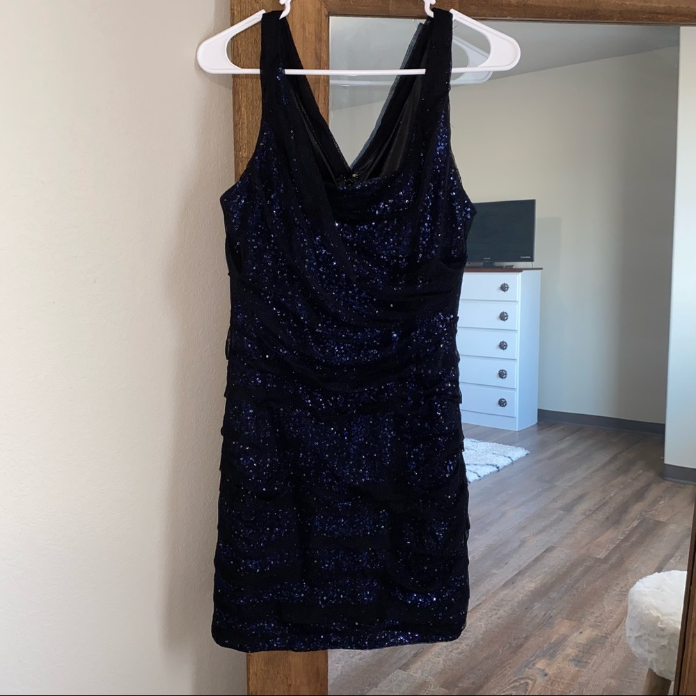 Express Sheer Black Ruched Dress w/ Blue Sparkles